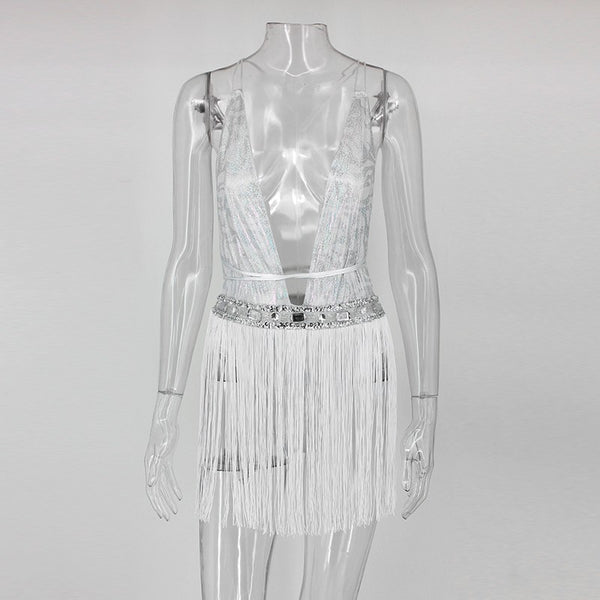 Silver backless tasseled bodysuit