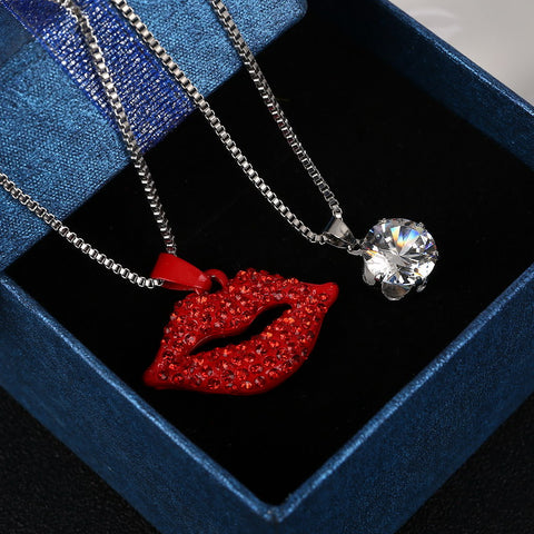 Red Lips & Crystal With Silver Plated Two Layers Chains
