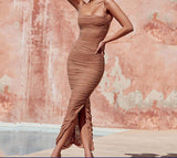 Tan Organza Mesh Maxi Dress