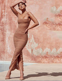 Tan Organza Mesh Maxi Dress