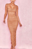Tan Organza Mesh Maxi Dress
